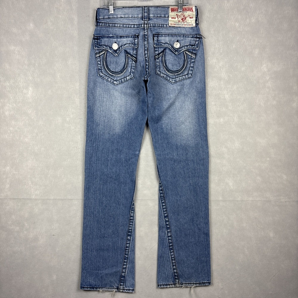 True Religion Joey Bootcut Jeans Men's 30x33 Blue Flap Pockets Big T Embroidered